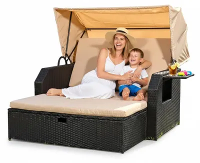 Produktbild von Mucola Strandkorb Rattan Sonnenbett mit verstellbarem Dach Polyrattan Sonnenliege Liegebett Relaxliege Gartenliege Gartenmöbel - Schwarz
