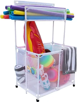 Produktbild von Pool-Aufbewahrungshilfe – Für Nudeln, Spielzeug, Bälle und Schwimmer, großer Netz-Roll-Doppeldecker-Abfalleimer mit Nudelregal, Maße (L x B x H): 58,4 x 89,7 x 150,9 cm, in Weiß