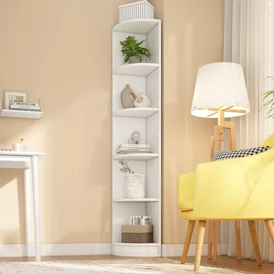 Obrázek produktu pro okwish Rohová knihovna, vysoká knihovna s vysokou nosností, pětipatrový regál z MDF, bílá