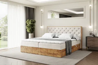 Produktbild von ALTDECOR Boxspringbett mit Eiche Holz LOLLI3 mit H4-Matratze, Kopfteil und Bettkasten - 200x200 - Beige Samt