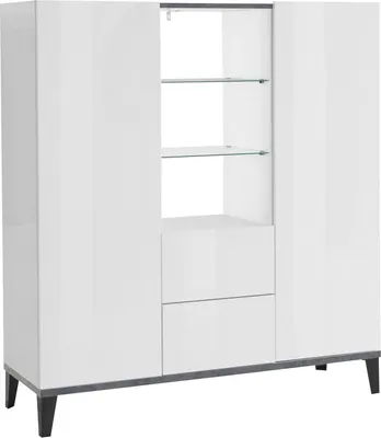 Produktbild von Kommode Niccolò, Küchen-Sideboard mit 2 Türen und 2 Schubladen, Wohnzimmer-Buffet, 100%  Italy, cm 120x40h133, glänzend weiß und Schiefer