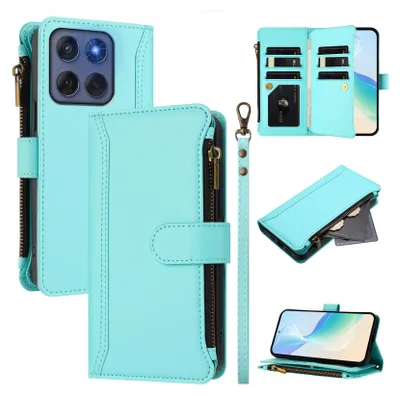 Immagine prodotto di Custodia per Motorola Moto Edge 60/Edge 60 Fusion/Edge 2025, con zip, portafoglio Custodia flip in Finto cuoio con tasche per carte, supporto e passante per la mano verde menta