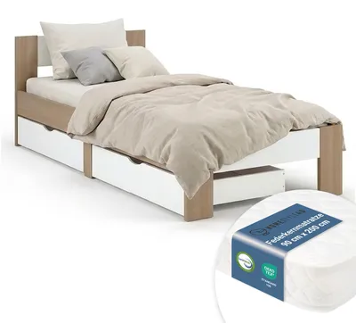 Obrázek produktu pro Holzbett 90x200 mit Federkernmatratze 2 Bettkästen Bett Eiche Braun Weiß Holz Bettgestell Jugendbett Einzelbett