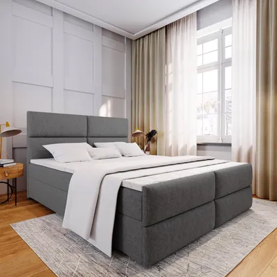 Produktbild von Masseno Boxspringbett MULEN 180x200 cm Komplett-Set mit Bonell Matratze und Topper, Polsterbett mit Bettkästen -Grau, SAWANA 05