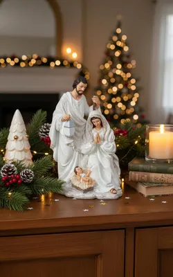 Produktbild von Heilige Familie Celestia Krippenfigur Weiss Gold Glitzer 33cm Polyresin