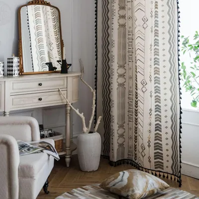 Obrázek produktu pro Záclony s bambulkami v bohémském stylu, poloprůhledné, vyrobené z bavlny a lnu, rozměry 150 x 240 cm