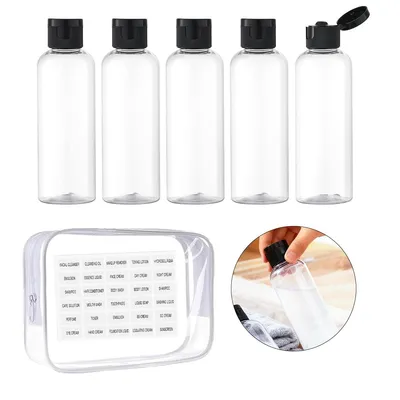 Produktbild von Reise-Flaschen 4er-Set, PET, transparent, auslaufsicher, nachfüllbar, inkl. Aufbewahrungsbeutel & Etiketten, perfekt für Reisen, Fitness & Alltag