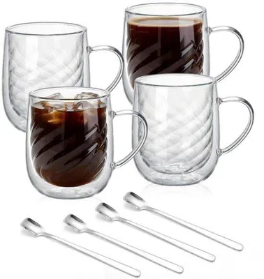 Immagine prodotto di Set di 4 bicchieri da caffè a doppia parete da 350 ml, con cucchiaino in acciaio inossidabile