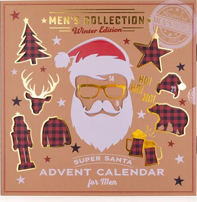 A cardboard advent calendar box with festive Christmas-themed graphics and text.