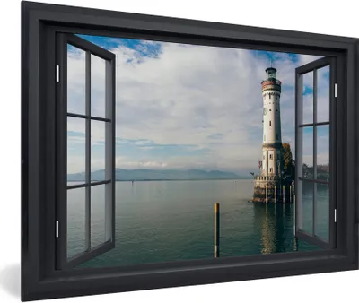 Produktbild von MuchoWow® MuchoWow® Gerahmtes Poster Aussicht - Wasser - Leuchtturm 90x60 cm - Poster mit zchwarzem Bilderrahmen - Fotorahmen - Foto-Plakat