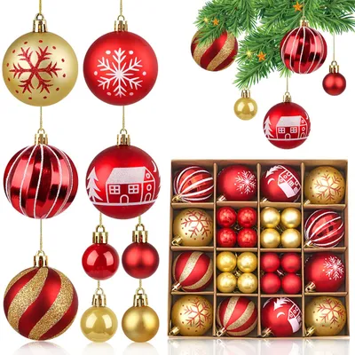 Weihnachtskugeln 44er Set, 60/30 mm, rot-gold, Kunststoff, unzerbrechlich