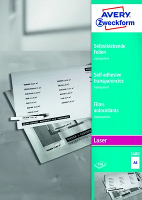 Produktbild von Avery Zweckform 3480 Transparente, selbstklebende Folien, DIN A4, spezialbeschichtet, stapelverarbeitbar, selbstklebend, Stärke: 0,14 mm, Obermaterial: 0,43 mm, 100 Blatt