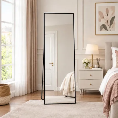 Produktbild von INONEFT High-Definition-Ganzkörperspiegel 177 x 77 cm, Quadratischer Standspiegel mit Rahmen aus Aluminiumlegierung und Metallfuß, Schwarz