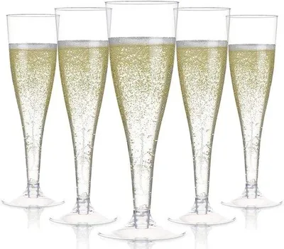 Produktbild von Famanu Plastik-Champagnerflöten 150 ml - wiederverwendbare Champagnergläser - 54 Stück - Festweingläser für Garten Hochzeitsgeburtstag - mit Stiel -
