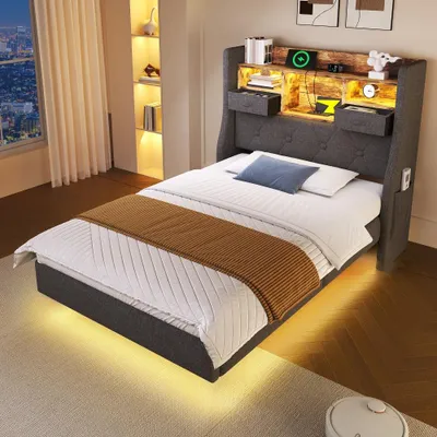 Produktbild von Polsterbett 90x200cm mit LED-Beleuchtung, Lattenrost und Ladestation, Schwebebett in Grau mit Stauraum-Kopfteil aus Leinen für Schlafzimmer