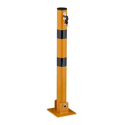 Produktbild von 8 x Absperrpfosten, klappbar, Stahl, Parkplatz Absperrung, H 65 cm, abschließbar, runder Parkpfosten, gelb/schwarz