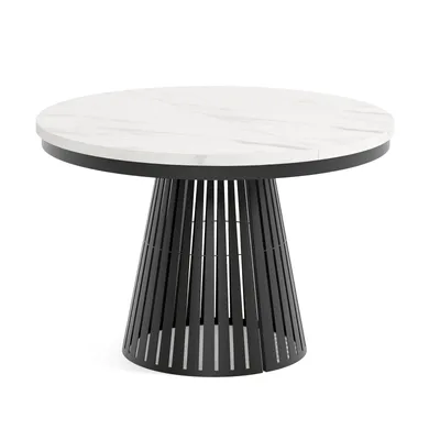Image de Table à manger ronde et extensible CAVO avec piètement en anneau, style loft, scandinave, diamètre : 120/196 cm, couleur : marbre blanc/noir