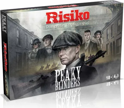The image shows the front of a board game box for 'Risiko - Peaky Blinders'. The box features artwork with characters from the Peaky Blinders series and the game's title.
