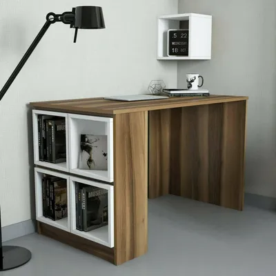 Produktbild von Schreibtisch Dpin, Mehrzweckschreibtisch, Bürotisch für PC, Eckschreibtisch, 120x65h75 cm, Walnuss und Weiß