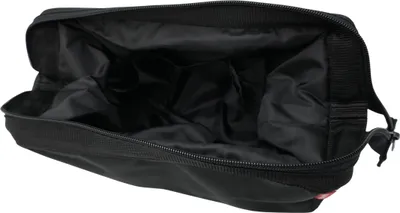 An open black travel cosmetic bag with internal compartments.