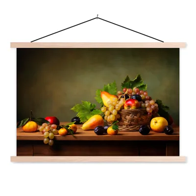 Produktbild von MuchoWow® Textilposter Rustikal - Korb - Obst - Stilleben 120x80 cm mit holzfarbenen Rahmen - Aufhängeset