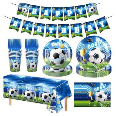 Produktbild von Fußball-Geburtstagsdeko-Set mit Tellern, Servietten, Bechern, Luftballons, Wimpelkette, Tischdecke – für drinnen und draußen