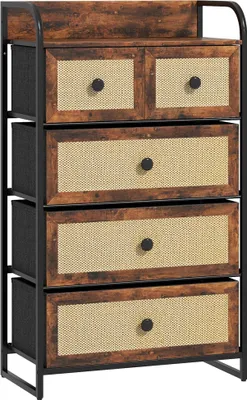 Image de Commode en tissu - Armoire à tiroirs pour le salon, 5 tiroirs - 58x29x99 cm - Montage nécessaire - Marron rustique