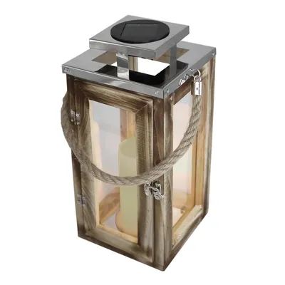 Image de Lanterne solaire chic en bois naturel et inox effet bougie LED blanc chaud OAKY H28cm