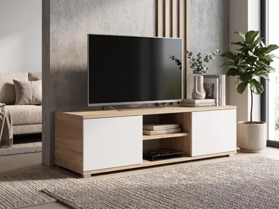 Obrázek produktu pro TV skříňka 120 cm, dub Sonoma a bílá | Moderní TV stolek se 2 dvířky | Kompaktní TV skříňka do obývacího pokoje a dětského pokoje