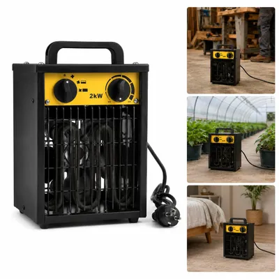 Produktbild von Eikuavons Bauheizer 2000W Elektro Heizlüfter mit Thermostat, 3 Betriebsstufen, Überhitzungsschutz, Gelb-Schwarz, KI-generiertes Bild