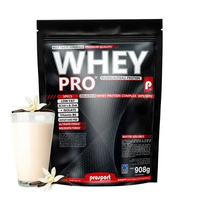 Produktbild von Prosport WHEY PRO® Whey Protein Pulver – Vanilla 908g – Konzentrat-Isolat-Mix, Eiweißpulver mit Zink, Vitamin B6 & EAAs, Protein Shake für Muskelaufbau