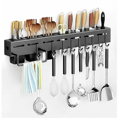 Produktbild von Küchenorganizer-Set Wandmontiertes Küchenutensilien Organizer Rack mit 10 Haken Selbstklebende Küchenhakenleiste ohne Bohren für Kochzubehör