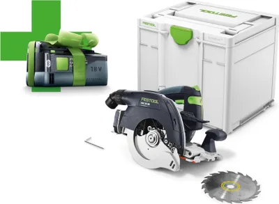 A Festool cordless circular saw, battery, and storage case are displayed on a white background.