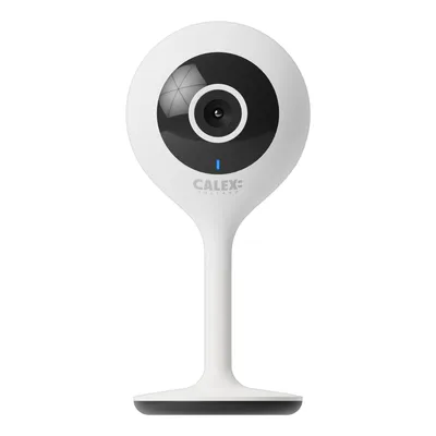 A white Calex smart mini indoor IP camera with a black lens area, mounted on a white stand with a black base.