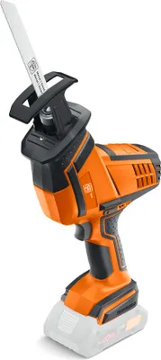 A cordless reciprocating saw with a blade attached, shown against a white background.