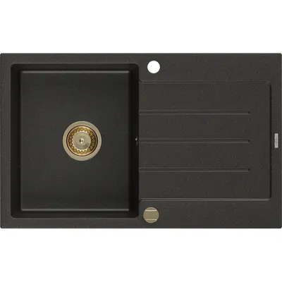 Zdjęcie produktu dla Mexen Bruno zlewozmywak granitowy 1-komorowy z ociekaczem 795 x 495 mm, czarny/złoty metalik, syfon złoty - 6513791010-75-G