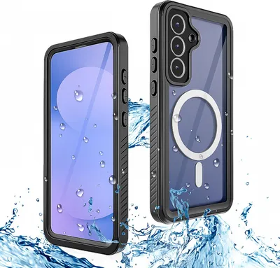 Two phone cases are shown, one with a screen and the other showing the back with a camera array and a magnetic ring. Water splashes are depicted around the cases.