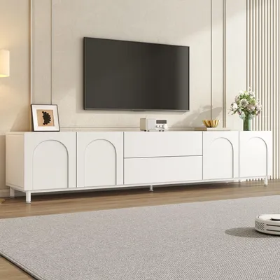 Produktbild von STILVORA TV-Schrank mit 4 Türen und 2 Schubladen, Lowboard mit Bogentüren und Stahlrohrfüßen, Wohnzimmerschrank aus Spanplatte und MDF