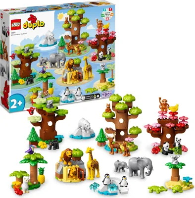 Produktbild von LEGO DUPLO Wilde Tiere der Welt, Zoo-Spielzeug mit Sound, 22 Tierfiguren, darunter Elefanten, Pandas und Löwen, Lernspielzeug aus Steinen mit Weltkarten-Spielmatte  für Kinder ab 2 Jahre 10975