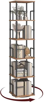 Obrázek produktu pro Uniqoos® Otočný regál na knihy – 6 úrovní, industriální design, barva hnědá/černá, rozměry 30 x 30 x 158,7 cm, materiál: dřevotříska s kovovým rámem, otočný o 360°, nosnost 20 kg na polici