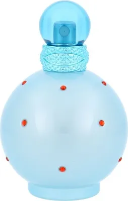 A light blue perfume bottle with red accents and a blue cap.