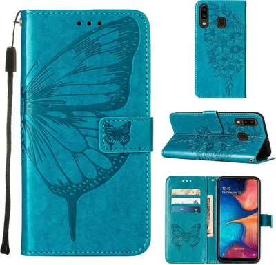 Produktbild von Galaxy A20 Hülle, Schmetterling Prägung Flip Leder Kartenfächer Schutzhülle Ledertasche mit Ständer für Samsung Galaxy A20 / A30 Blau