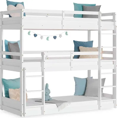 Image de Lit Enfant Lit Superposé 90x200 Lit Triple Lit D'Enfant Bois Blanc