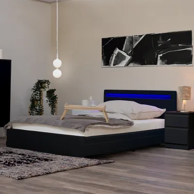 Zdjęcie produktu dla HOME DELUXE - Łóżko LED NUBE - Czarne, 140 x 200 cm - z materacem, stelażem i szufladami I Łóżko tapicerowane Designerskie łóżko z oświetleniem