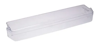 A clear plastic refrigerator shelf is shown on a white background.