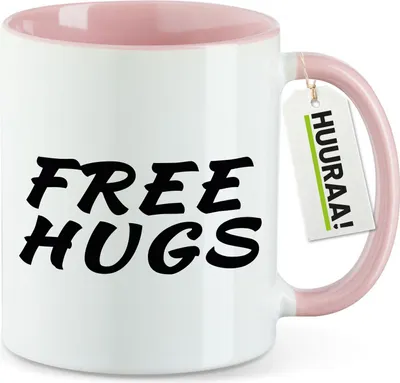 Produktbild von Huuraa Kaffeetasse Free Hugs Schriftzug 330ml Rosa Keramik Kaffeebecher Geschenkidee