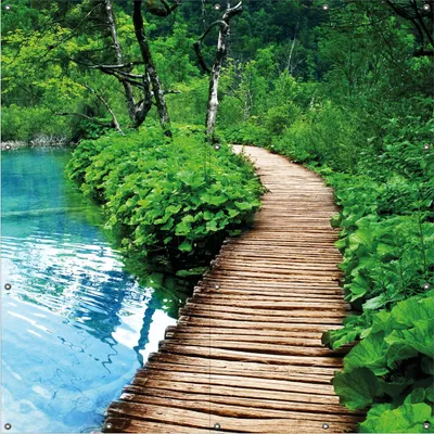 Produktbild von Wallario Outdoor-Poster für Garten oder Balkon, Motiv Holzweg im Wald, in ca. 180 x 180 cm