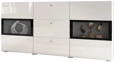 A white, high-gloss sideboard with two glass-fronted display sections.