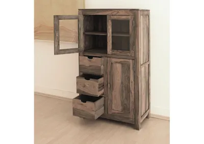 Produktbild von MASSIVMOEBEL24 Vitrine Sheesham 90x45x148 grau geölt NATURE GREY #62