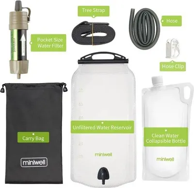 Productafbeelding van Famanu waterfilterset - Zwaartekrachtfilter - Kunststof - Inclusief touw, slang, waterfles, etc. - Praktisch voor noodsituaties, overleven of kamperen